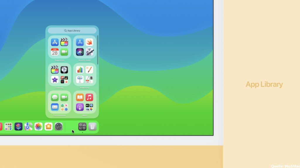 Die App-Bibliothek könnte (und sollte laut 9to5Mac) das Launchpad ersetzen. Zudem soll es ein festes Widget-Symbol auf der rechten Seite des Docks geben.