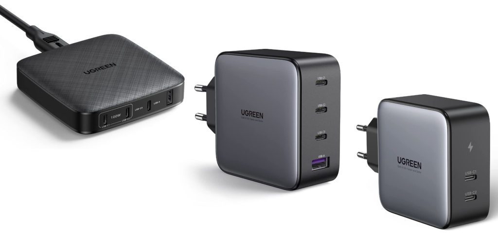 Von UGREEN bekommt ihr u. a. diese drei Ladegeräte mit USB-C und USB-A inkl. Power Delivery und Quick Charge. Die Steckdosen-Netzteile nutzen die GaN-Technologie, was sie vergleichsweise klein und leicht macht. Alle Modelle bieten insgesamt 100 Watt Leistung.