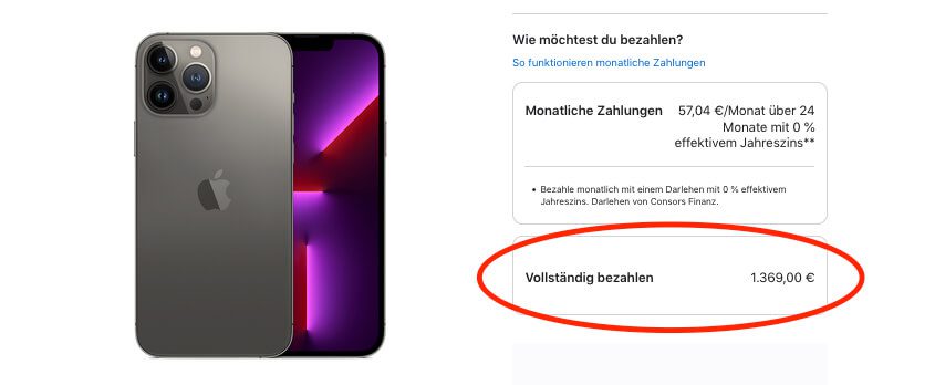 Mein Wunschmodell – das iPhone 13 Pro Max mit 256 GB – schlägt mit sage und schreibe 1369 EUR zu Buche – keine Kleinigkeit, aber für mich ist das iPhone ein ständiger Begleiter, in den ich gerne investiere.