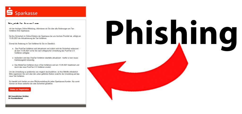 Phishing-Versuch: Diese Fake-Mail im Namen der Sparkasse soll dazu führen, dass Nutzer/innen den Link klicken und sich auf der Zielwebseite mit ihren Login-Daten anmelden. Klickt NICHT auf den Button in der Mail!