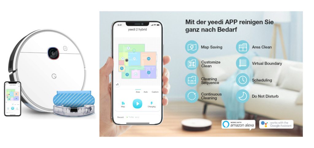 Den smarten yeedi 2 Saugroboter mit Wischfunktion bekommt ihr bis zum 14. September 2021 mit 90 Euro Rabatt. Über die App könnt ihr das Programm festlegen, Räume und Areale auswählen sowie weitere Features des Reinigungsroboters nutzen.