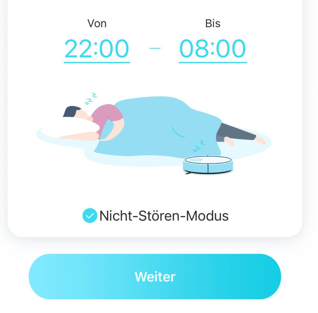 By setting the please-do-not-disturb times, the robot does not do any cleaning during this time and also switches off the lights and loudspeakers so that nobody is disturbed.