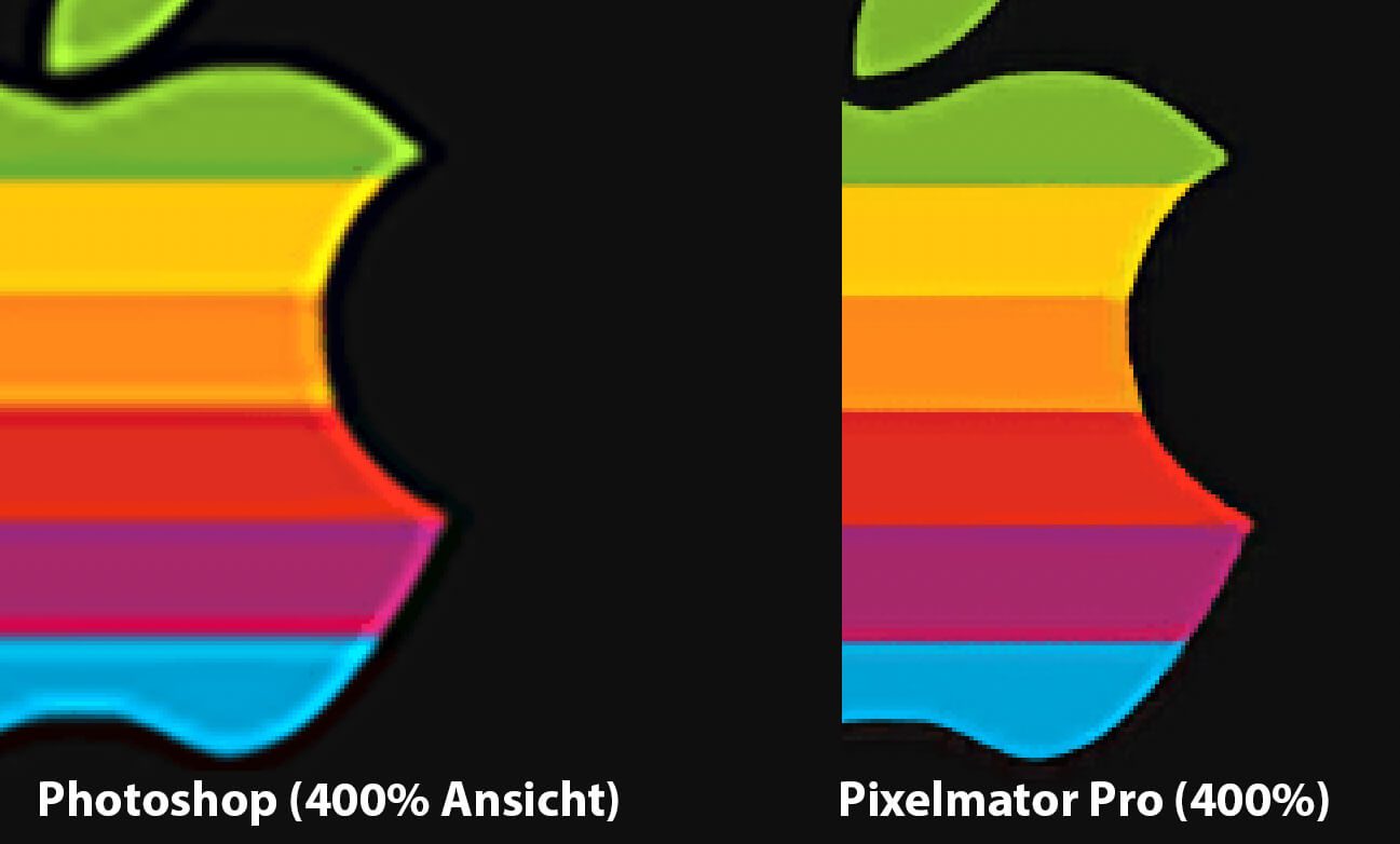 Damit man die Unterschiede besser sehen kann, habe ich die beiden Grafiken auf 400% Zoom in Photoshop gestellt und einen Screenshot gemacht. Hier die Unterschiede, die bei den Streifen des Apple Logos entstanden sind.