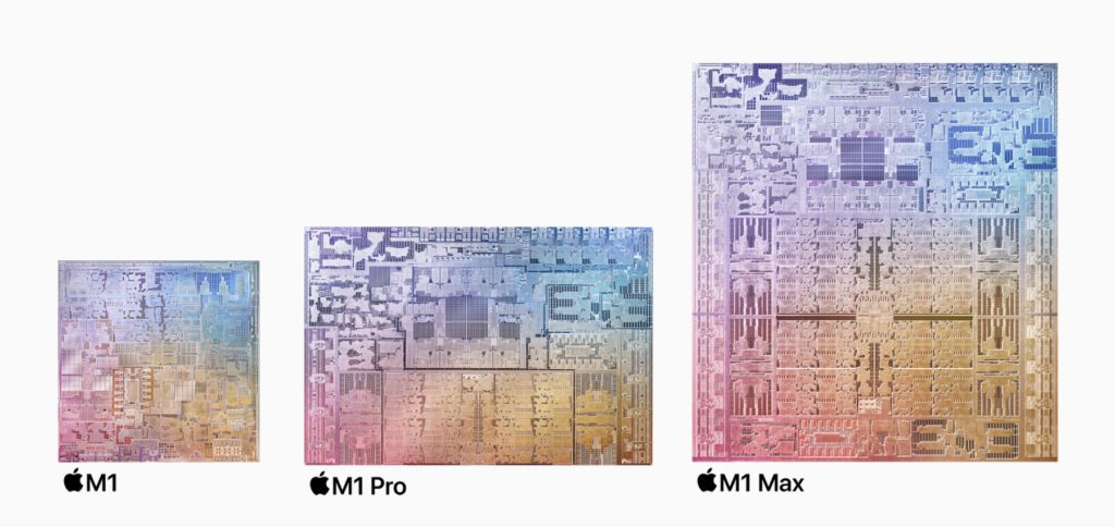 Porównanie chipów Apple z 2020 i 2021 roku: M1, M1 Pro i M1 Max.