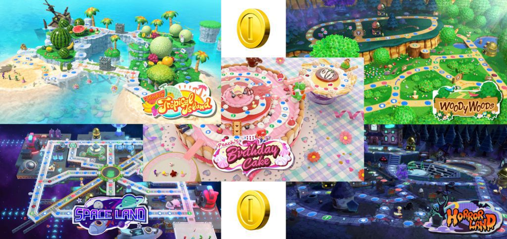 Die fünf N64-Spielbretter in Mario Party Superstars für die Nintendo Switch sind Yoshi’s Tropical Island, Space Land, Pech’s Birthday Cake, Woody Woods und Horror Land.