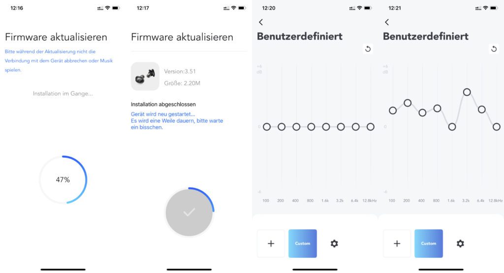 Here are two examples for using the Soundcore app on the iPhone: Update firmware and set EQ. The free software can also be used to set the noise suppression level and other functions.