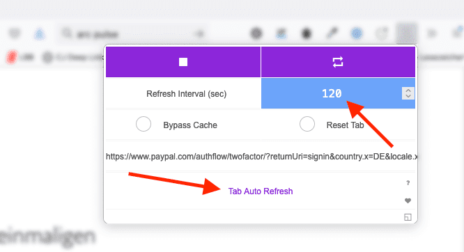 Im Prinzip muss man nur zwei Dinge machen: Eine Anzahl von Sekunden bis zum nächsten Reload vorgeben und unten auf den Button "Tab Auto Refresh" anklicken – fertig.