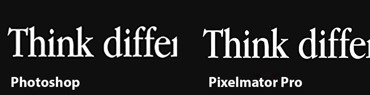 Der Schriftzug des Slogans "Think different." ist beim Hochskalieren mit Photoshop deutlich unschärfer als bei Pixelmator Pro.