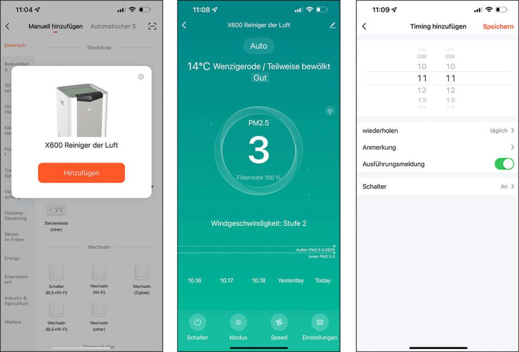 Hat man den Luftreiniger zur App hinzugefügt (links), sieht man auf dem Übersichtsscreen (mitte) alle wichtigen Daten. Über die App lassen sich auch Timer zum EIn- und Ausschalten des Luftreinigers anlegen (rechts).
