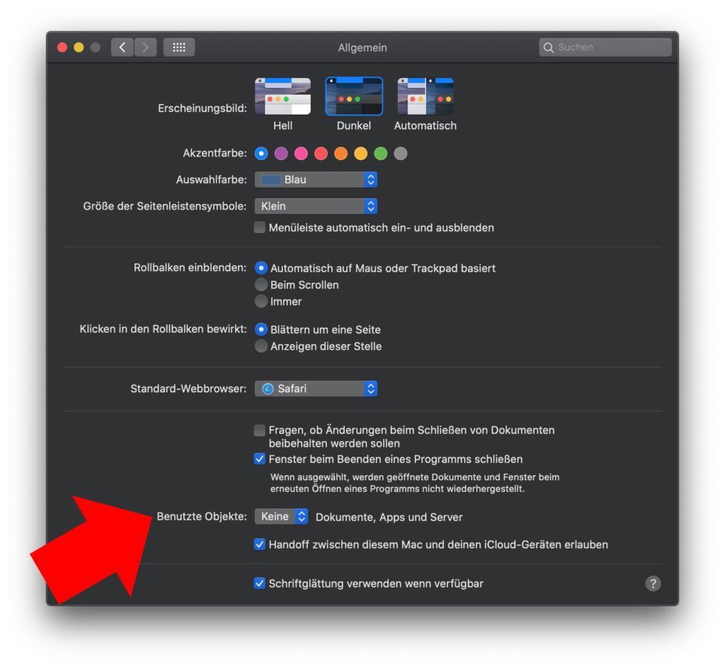 Wollt ihr am Apple Mac verhindern, dass eine „Benutzte Objekte“-Liste angelegt wird, dann könnt ihr das in den Systemeinstellungen von macOS festlegen. Ansonsten könnt ihr immer wieder aufs Neue die Liste zuletzt benutzter Dokumente löschen.