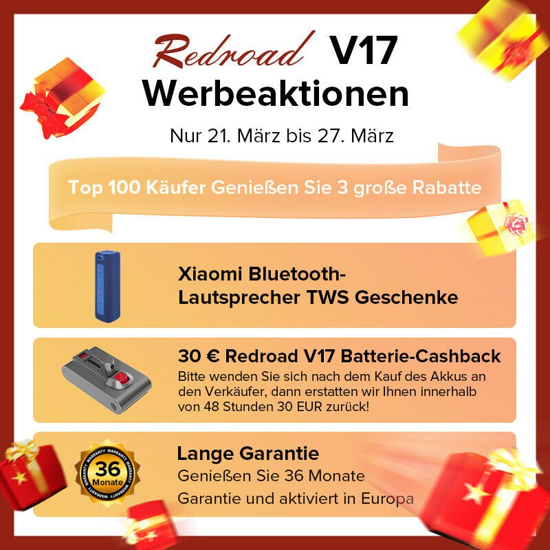 Redroad V17 Deal: günstiger Preis, Akku-Cashback und Bluetoothlautsprecher gratis dazu.