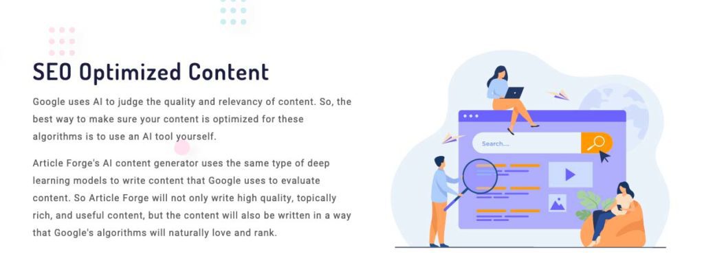 El sitio web Article Forge anuncia la creación de textos SEO. Desde mi punto de vista, ese debería ser también el objetivo principal de este tipo de textos.
