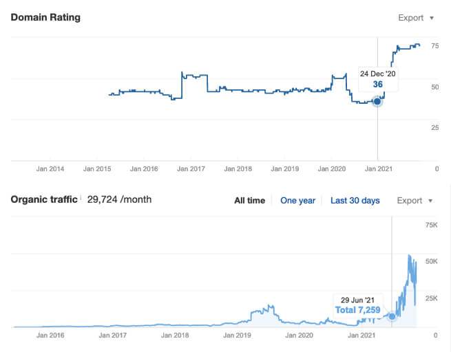 Here you can see very well how the constant build-up of high DR links affects the rankings of a German domain: The links started in December 2020 and the rankings rise in June 2021 - Google simply needs a few months.