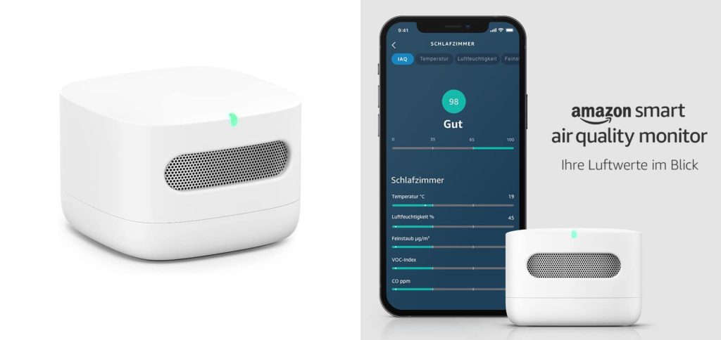 The Amazon Smart Air Quality Monitor measures the air quality and outputs it via app or echo speakers. You can simply ask about the quality of the air via Alexa. Here you can find more details and alternatives for the smart home with HomeKit from Apple.