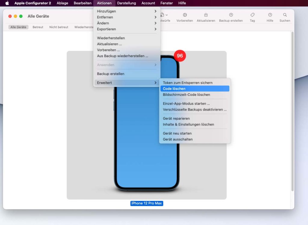 Der Apple Configurator 2 bietet unter "Aktionen" einige Möglichkeiten, um ein angeschlossenes Apple-Gerät zu behandeln.
