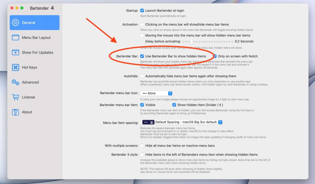 You have to activate this option in Bartender so that the menu bar on the MacBook Pro is not completely slammed shut, like mine.