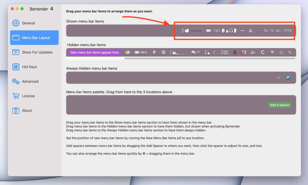 With the Bartender tool you can select the apps that should always appear in the menu bar. All others are shown when you hover over them or click on the three dots.