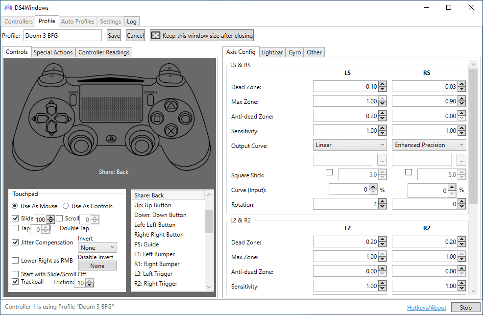 Hier ein Screenshot aus dem Tool DS4Windows, welches Windows vortäuscht, dass der PS4 Controller eigentlich ein Xinput-Controller ist.