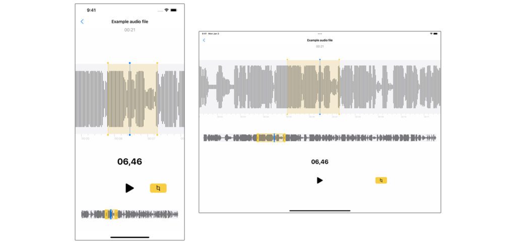 Die Audio Trimmer App für iOS und iPadOS hilft euch, mobil Audiodateien zuschneiden zu können. Einfach Audiodatei im Audio Trimmer öffnen, Bereich punktgenau markieren, zum Überprüfen anhören und als neue Datei speichern.