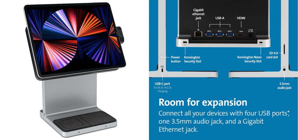 The Kensington StudioDock for the Apple iPad Pro offers power supply, USB-A, USB-C, Ethernet, HDMI, 3,5 mm jack, SD slot and charging areas for iPhone, AirPods case and Apple Watch. Ideal for extensive work on the Apple tablet.
