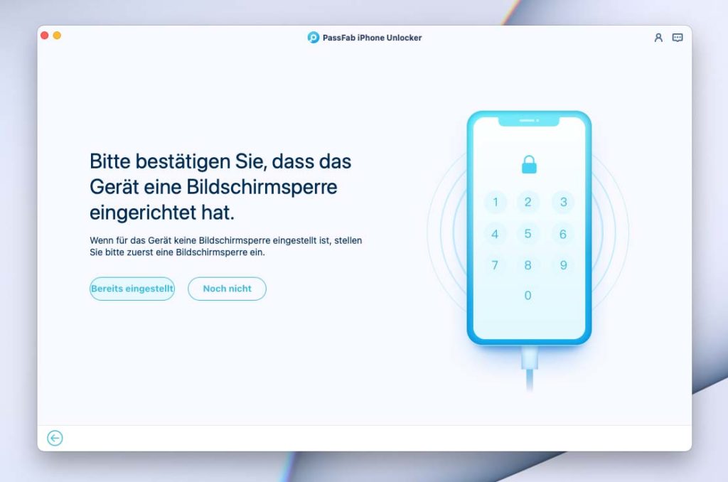 Die Software erwartet, dass das iPhone oder iPad mit einem Bildschirmcode versehen ist … dies muss man im Prozess bestätigen.