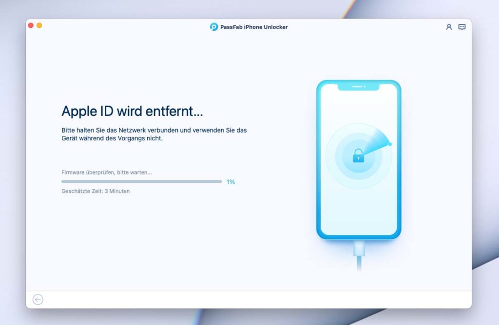 Nun startet der eigentliche Vorgang, in welchem die Apple-ID vom Gerät entfernt wird.