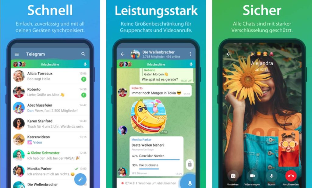 The screenshots show the possibilities Telegram offers on the smartphone.