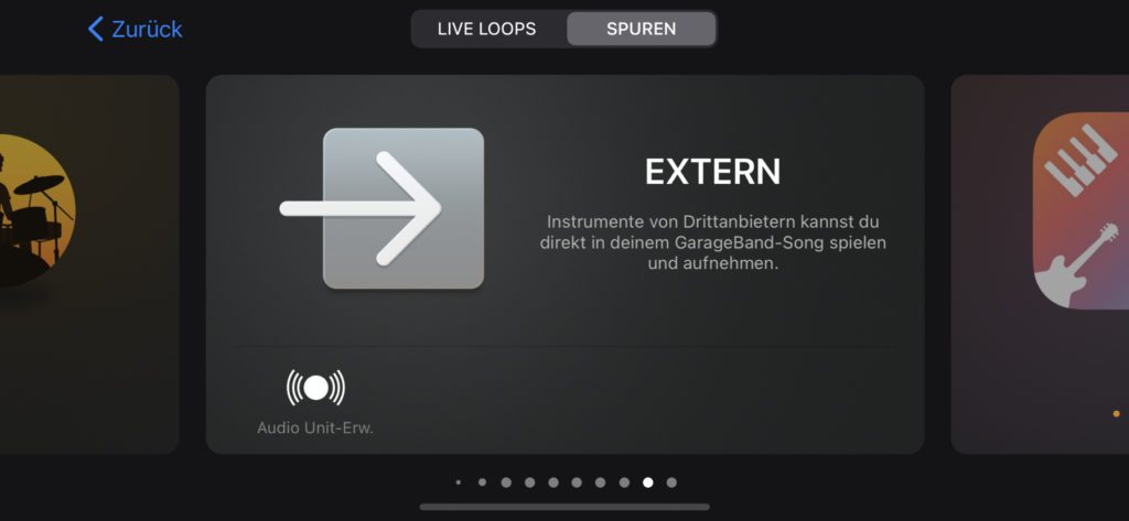 Używanie zewnętrznych jednostek audio jako wtyczki jest bardzo łatwe w aplikacji GarageBand na iPhone'a. Odpowiedni element menu wygląda tak.