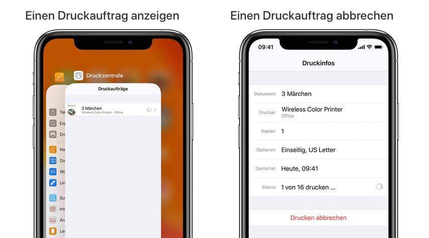 Auch wenn man über AirPrint druckt, kann man am iOS Gerät die laufenden Druckaufträge einsehen oder abbrechen (Screenshots: Apple.com).