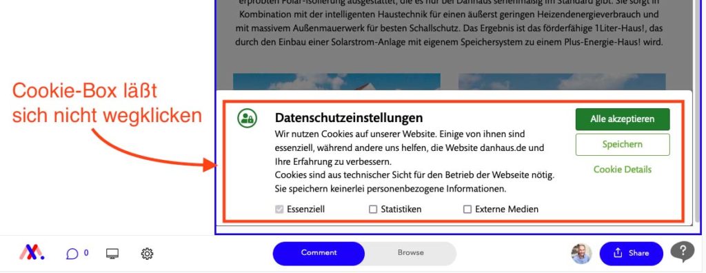 No podía usar Markup.io en un sitio web en particular porque no podía hacer clic en el cuadro de cookies, lo que hacía que el sitio web quedara inutilizable en Markup.io.