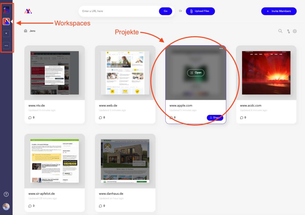 En el tablero de Markup.io puede crear espacios de trabajo que se pueden usar con diferentes equipos. En cada espacio de trabajo, son posibles varios sitios web, que luego se pueden anotar.