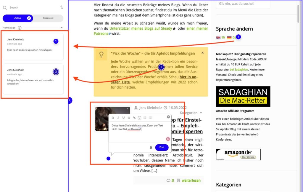 Así es como se ve cuando anota una página web en el marcado. Los lugares con anotaciones están marcados con círculos azules y cada comentario se puede encontrar en la barra lateral de la izquierda.