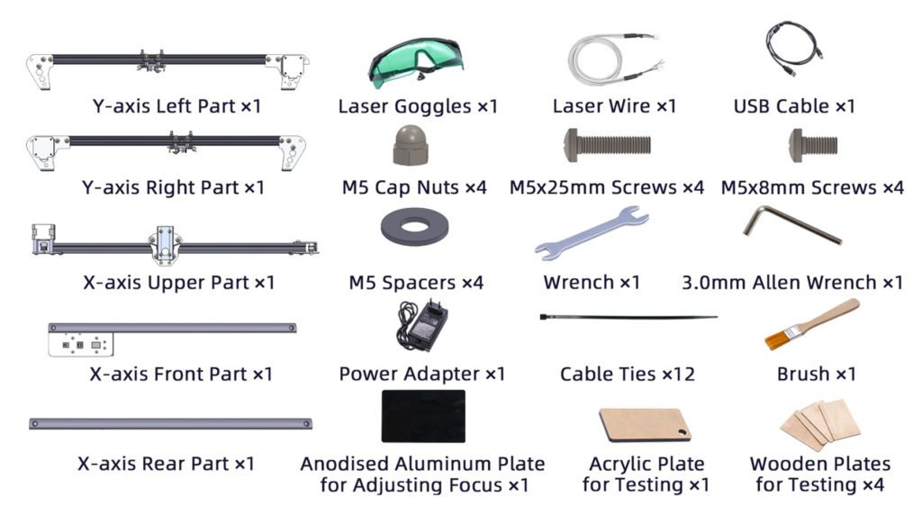 The scope of delivery of the Ortur Aufero Laser 2 cutting and engraving machine in detail.
