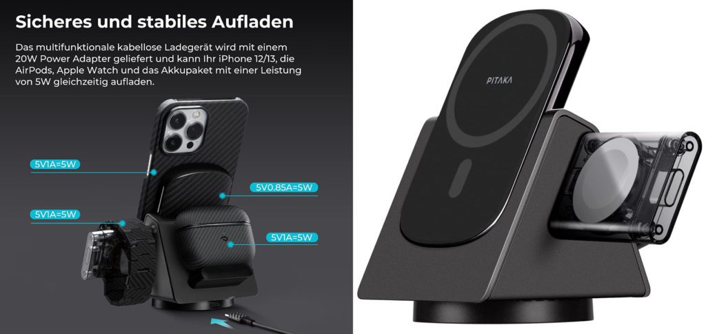 The Pitaka MagEZ Slider charging station for iPhone, Apple Watch and AirPods (Pro) can be rotated 360°, is modular and offers a 4.000 mAh power bank for wireless charging of the iPhone 12 (Pro) or iPhone 13 (Pro) on the go.