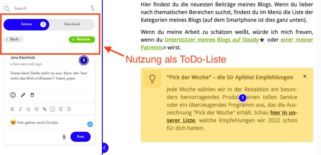 Cada anotación en Markup.io se puede entender como un punto que se puede marcar como "resuelto". Esto le permite trabajar con todas las anotaciones de manera organizada.