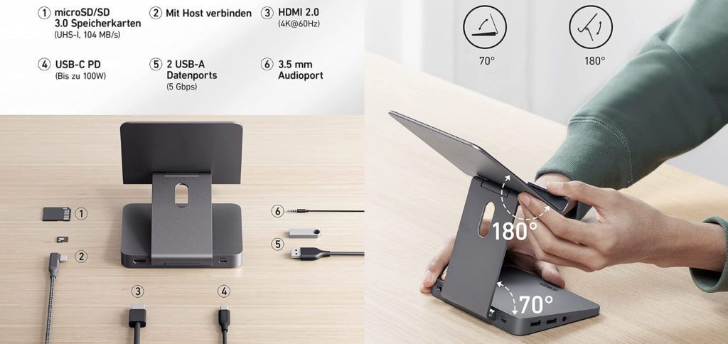 The Anker 551 iPad dock offers various connections for storage media, input and output devices. It also serves as a tablet stand, the angle of which can be adjusted to current usage. The Apple iPad Hub is available from Amazon with Prime shipping.