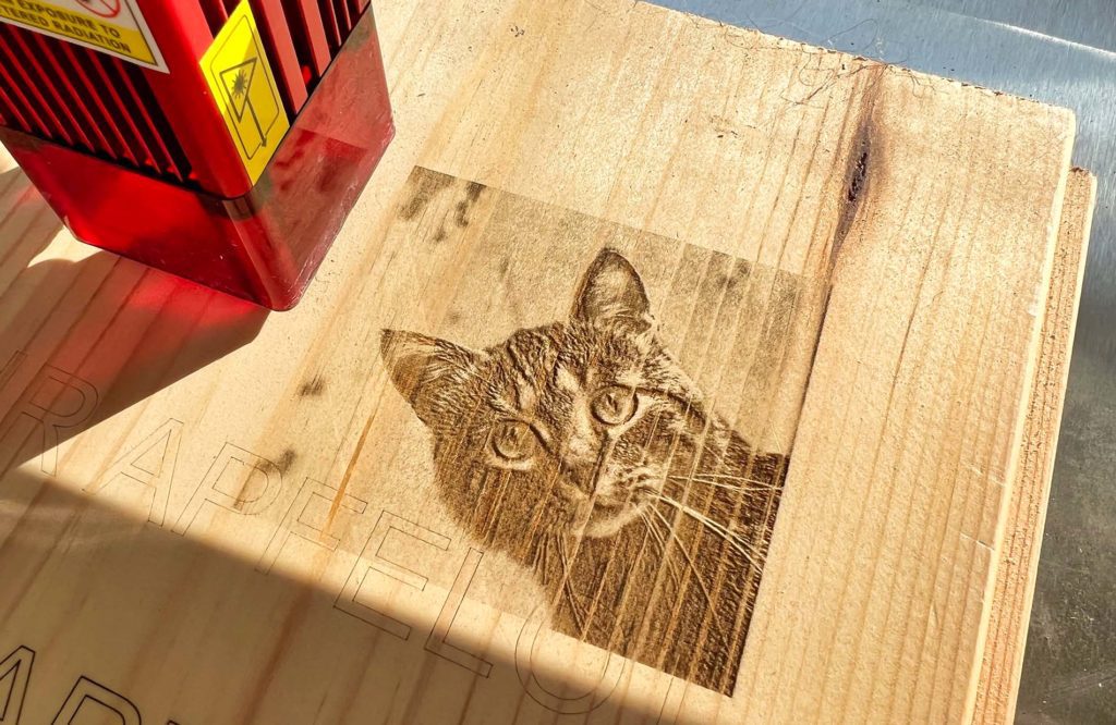 Here I have engraved a photo of a cat on wood as a test. However, my settings were not optimal, because the dark areas in the image were not only superficially burned, but also burned in quite deeply, which slightly worsens the detail display.