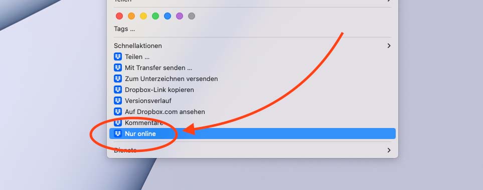 Mit dem Feature Smart Sync von DropBox kann man Dateien nur online speichern und damit den Platz auf dem Mac einsparen.