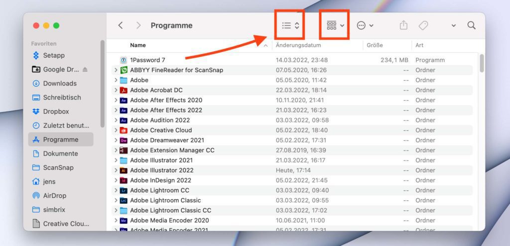 Here you can see the two buttons that you can use to change the view of the Finder window and customize it for your own needs.