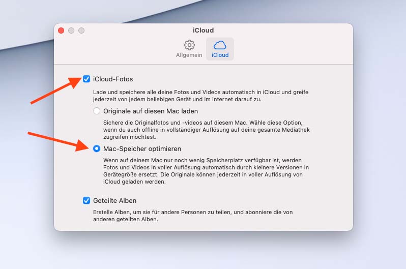 Mit diesen Optionen aktiviert man die iCloud-Fotomediathek und spart dadurch Platz auf dem Mac.