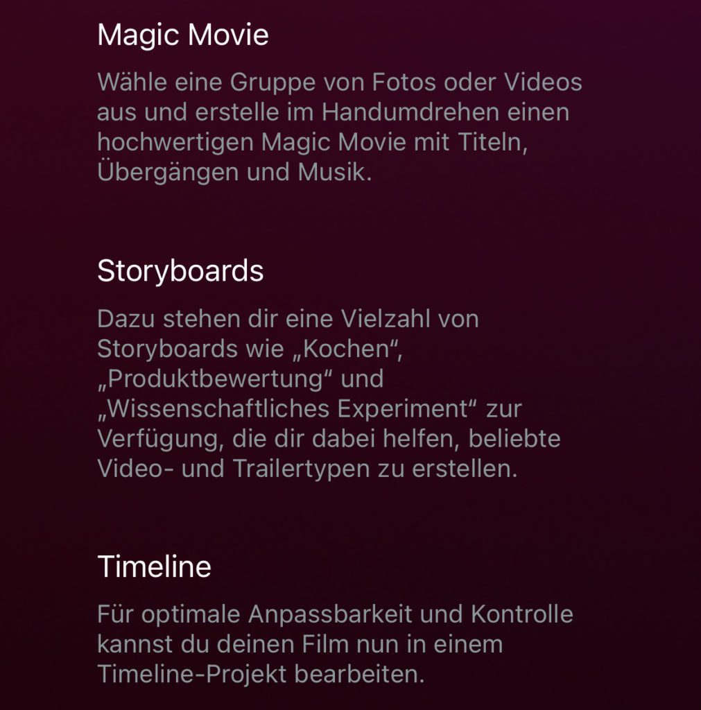 Ausschnitt des "Neu in iMovie"-Bildschirms auf dem Apple iPhone nach dem Update der App auf die Version 3.0. Hier werden die neuen Modi für die Videobearbeitung vorgestellt.