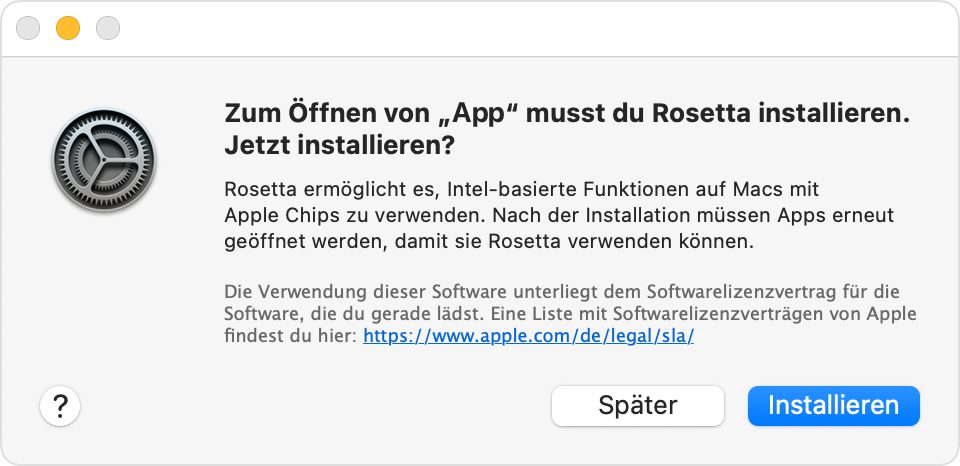 Rosetta 2 ist in macOS 11 Big Sur und macOS 12 Monterey nicht unbedingt vorinstalliert. Deshalb werdet ihr ggf. gefragt, ob es installiert werden soll, wenn ihr eine x86-App öffnen wollt. Bildquelle: Apple.com