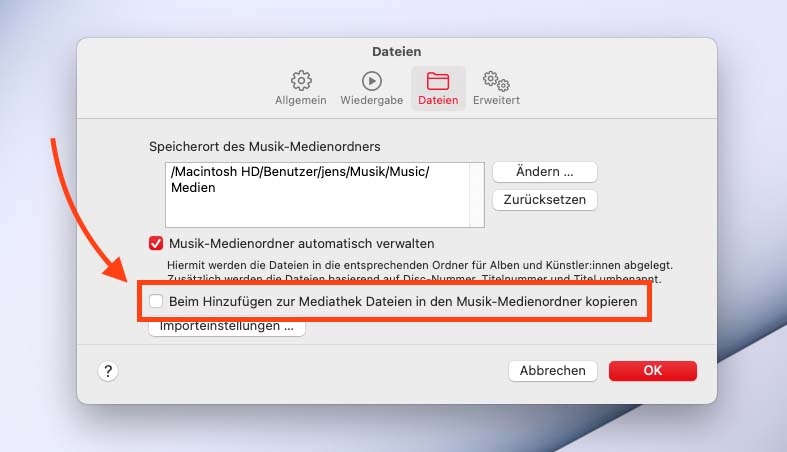 In der Musik-App kann man die Option abschalten, welche beim Öffnen von Musikdateien diese direkt in die Mediathek importiert.