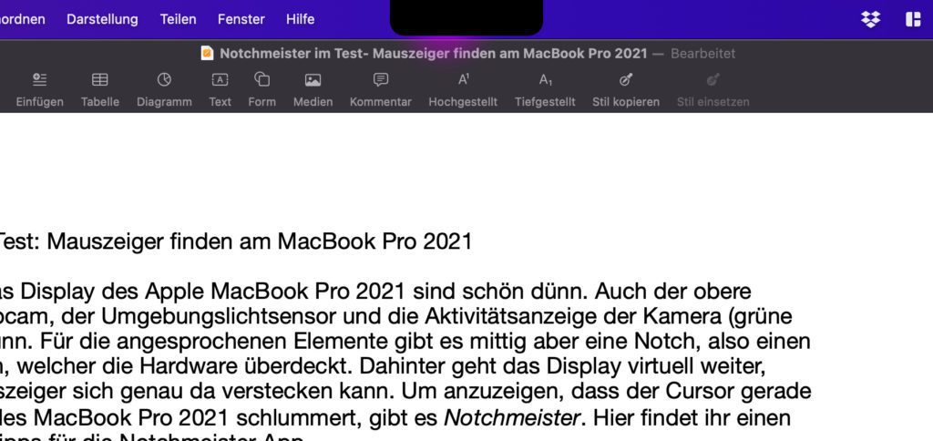 So könnt ihr euch die Verwendung von Notchmeister vorstellen. Auf dem Screenshot ist statt der Notch des MacBook Pro 2021 in schwarz eine Pixelgrafik zu sehen, die an erste Macintosh-Systeme erinnert. Ein kleines <a class=
