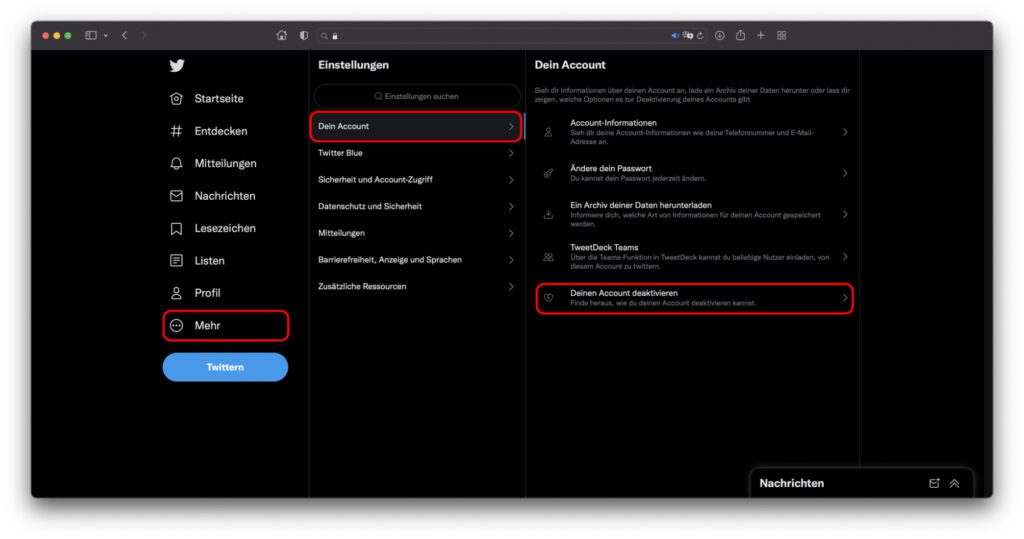 If you want to delete your Twitter account, you can quickly find the necessary options in the settings on the website - e.g. B. in the web browser on Mac and PC.