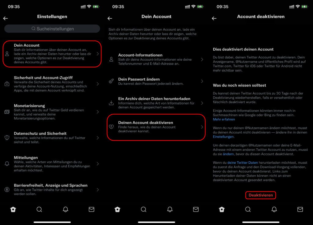 Deleting or pausing the Twitter account is also possible in the app for iOS and Android. Here you also have the option of restoring your profile and the associated data, media and chats within 30 days.