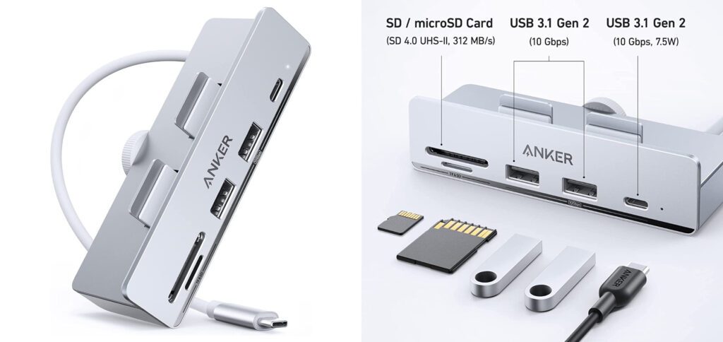 You can clamp the Anker 535 Hub to the Apple iMac and then use five connections for USB devices, hard drives, memory sticks, scanners, printers, SD cards and microSD memory cards. Easily connected to the Thunderbolt port without cable clutter.