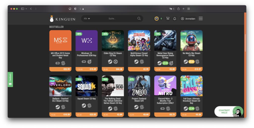 At Kinguin you can buy the Steam Key for your next game cheaper. There are also games and software licenses for other clients and platforms. But pay attention to the reviews and compare prices.
