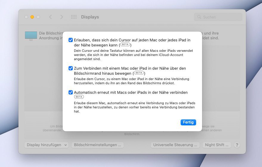 Le impostazioni per Universal Control mostrano chiaramente che questa è ancora una versione beta della funzione.