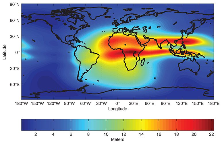 Hier ein Auszug aus dem NeQuick Ionossphährenmodell, Quelle: European Space Agency.